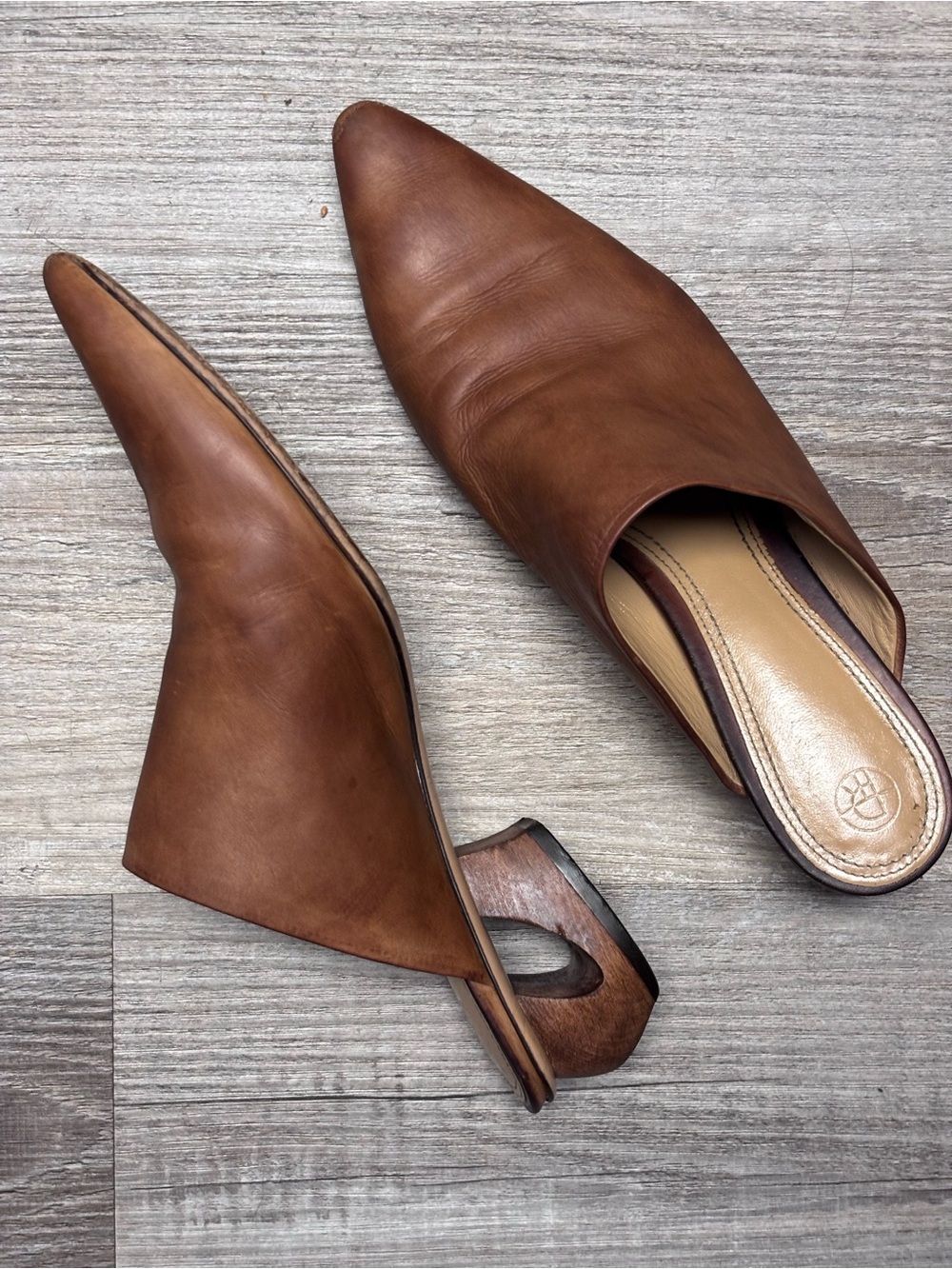 The Row Haya Cognac Leather Pointed Toe Mule Wood Heel